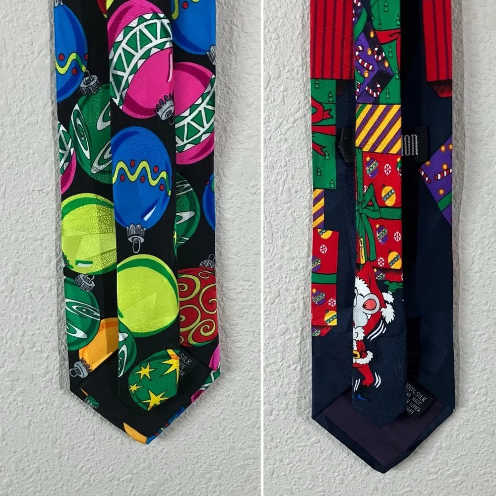 SILK Christmas Ties Bundle of 2 Colorful Holiday Festive Black Navy Office Party